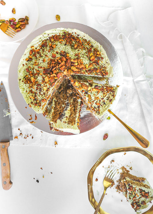 Matcha Pistachio Dates Caramel Cake